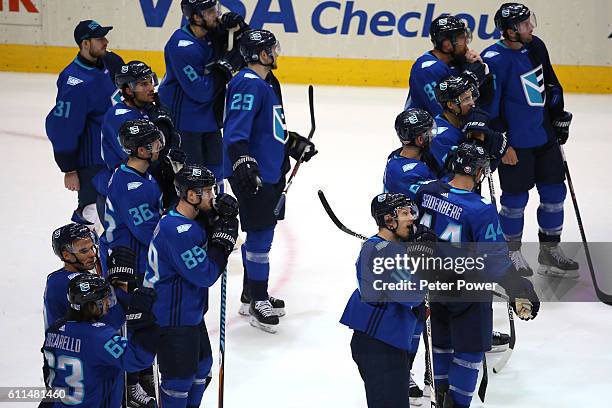 Team Europe looks on after their defeat to Team Canada for the World Cup of Hockey Championship during Game Two of the World Cup of Hockey final...