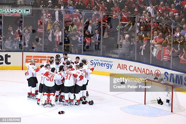 Team Canada celebrates their World Cup Championship over Team Europe during Game Two of the World Cup of Hockey final series at the Air Canada Centre...