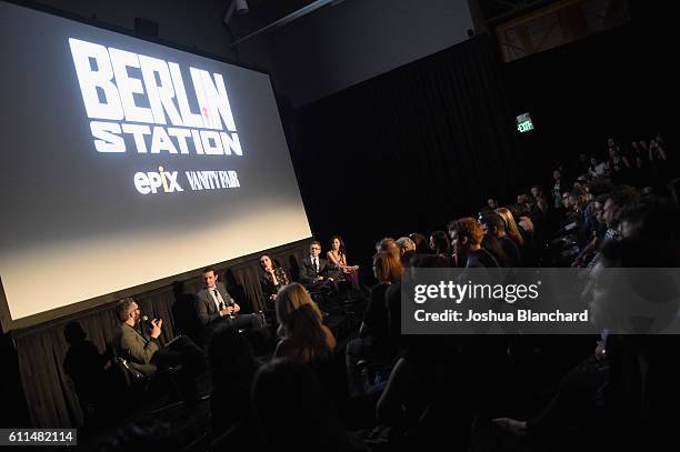 Moderator Nick Bilton, actors Richard Armitage, Michelle Forbes, Leland Orser and Tamyln Tomita speak during EPIX "Berlin Station" LA premiere at...