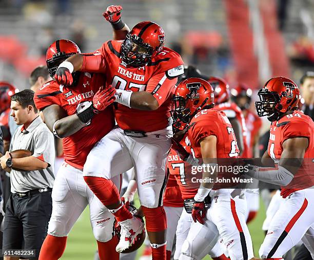 Joseph Wallace of the Texas Tech Red Raiders celebrates his fumble recovery during the game against the Kansas Jayhawks on September 29, 2016 at AT&T...