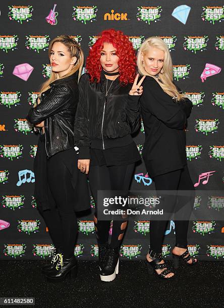 Natasha Slayton, Jazzy Mejia and Lauren Bennett from G.R.L pose in the media room at Nickelodeon Slimefest 2016 at Sydney Olympic Park Sports Centre...