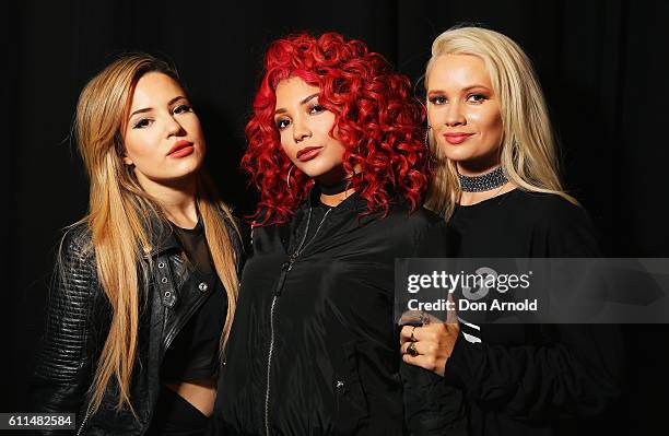 Natasha Slayton, Jazzy Mejia and Lauren Bennett from G.R.L pose in the media room at Nickelodeon Slimefest 2016 at Sydney Olympic Park Sports Centre...