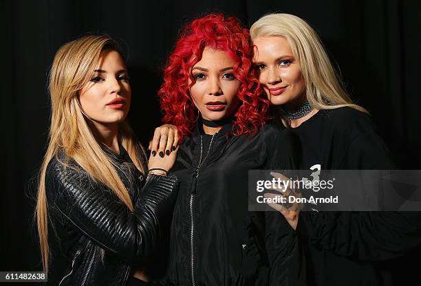 Natasha Slayton, Jazzy Mejia and Lauren Bennett from G.R.L pose in the media room at Nickelodeon Slimefest 2016 at Sydney Olympic Park Sports Centre...