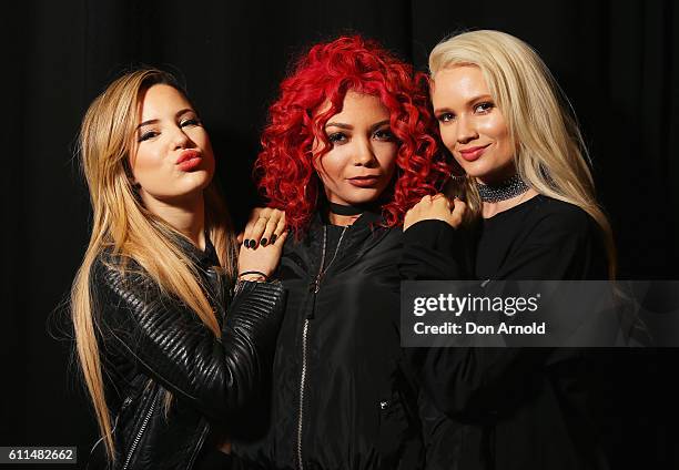 Natasha Slayton, Jazzy Mejia and Lauren Bennett from G.R.L pose in the media room at Nickelodeon Slimefest 2016 at Sydney Olympic Park Sports Centre...