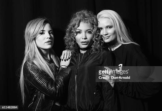Natasha Slayton, Jazzy Mejia and Lauren Bennett from G.R.L pose in the media room at Nickelodeon Slimefest 2016 at Sydney Olympic Park Sports Centre...