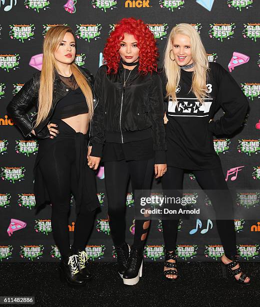Natasha Slayton, Jazzy Mejia and Lauren Bennett from G.R.L pose in the media room at Nickelodeon Slimefest 2016 at Sydney Olympic Park Sports Centre...