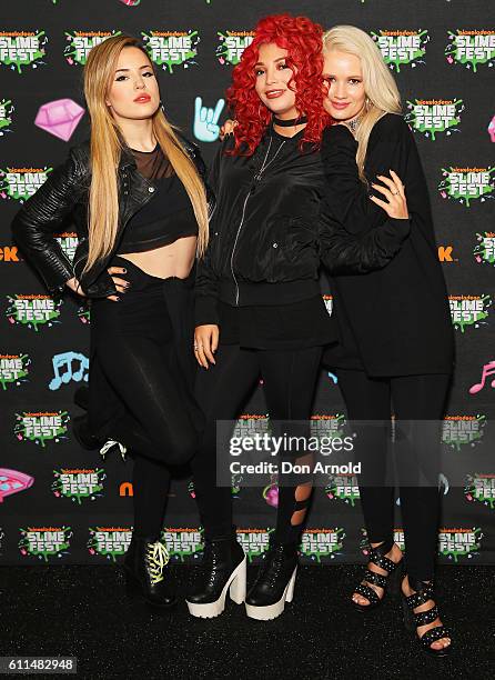 Natasha Slayton, Jazzy Mejia and Lauren Bennett from G.R.L pose in the media room at Nickelodeon Slimefest 2016 at Sydney Olympic Park Sports Centre...