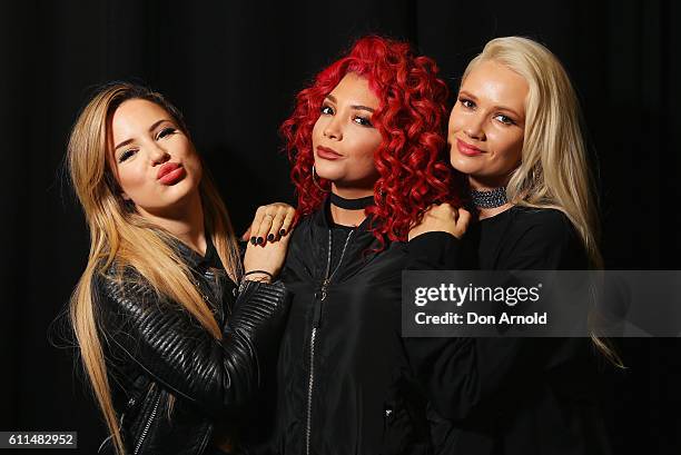 Natasha Slayton, Jazzy Mejia and Lauren Bennett from G.R.L pose in the media room at Nickelodeon Slimefest 2016 at Sydney Olympic Park Sports Centre...