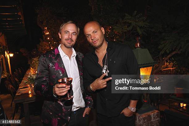 Jonas Tahlin and Stephen Belafonte attend a private dinner at the home of Jonas Tahlin, CEO Absolut Elyx on September 29, 2016 in West Hollywood,...