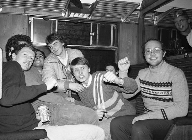 Chelsea supporters on the Official Supporter's Club train coming back to London from Everton. Chelsea supporters on the Official Supporter's Club train coming back to London from Everton.