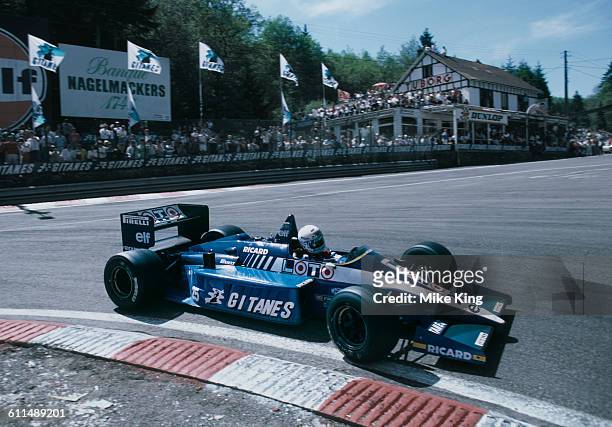 Rene Arnoux of France drives the Gitanes Equipe Ligier Ligier JS27 Renault V6 turbo during the Belgian Grand Prix on 25 May 1986 at the...