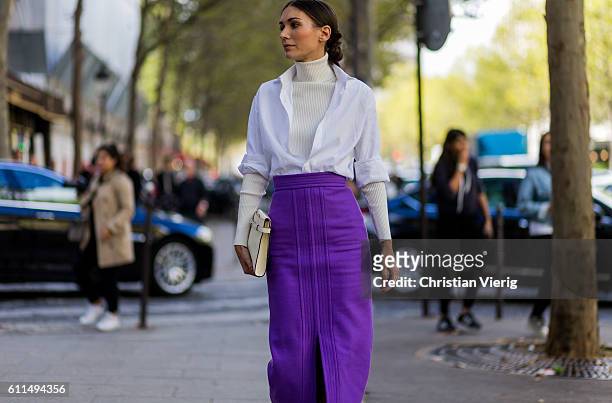 Diletta Bonaiuti wearing a purple skirt outside Balmain on September 29, 2016 in Paris, France.