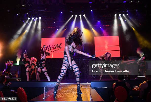 Dancers perform at the "Cherry Boom Boom" grand opening at the Tropicana Theater at Tropicana Las Vegas on September 29, 2016 in Las Vegas, Nevada.