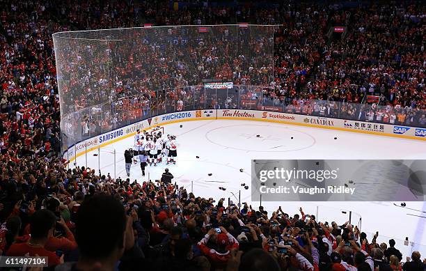 Team Canada celebrate after winning the World Cup following Game Two of the World Cup of Hockey final series against Team Europe at the Air Canada...