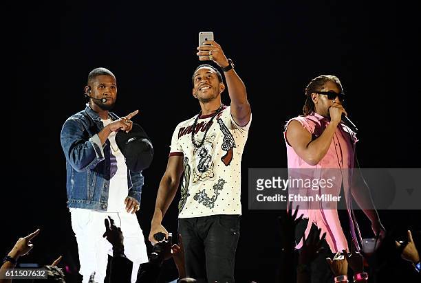 Recording artist Usher, rapper/actor Ludacris and rapper Lil Jon perform at the 2016 iHeartRadio Music Festival at T-Mobile Arena on September 24,...