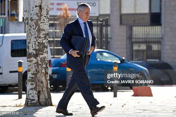 Former president of Caja Madrid Miguel Blesa arrives at the High Court in San Fernando de Henares, near Madrid for the "Black cards of Bankia" trial...