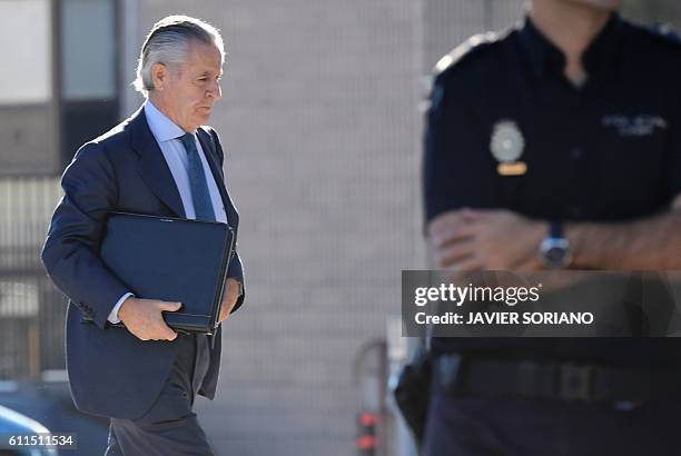 Former president of Caja Madrid Miguel Blesa arrives at the High Court in San Fernando de Henares, near Madrid for the "Black cards of Bankia" trial...