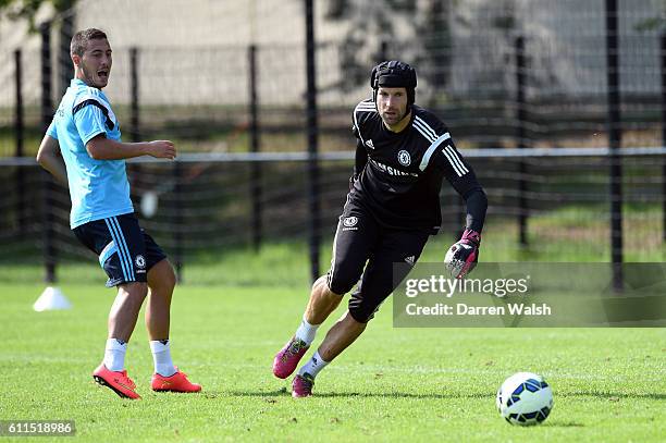 Chelsea's Eden Hazard, Petr Cech during a training session at Papendallaan on the 1st August 2014 in Arnhem, Netherlands.