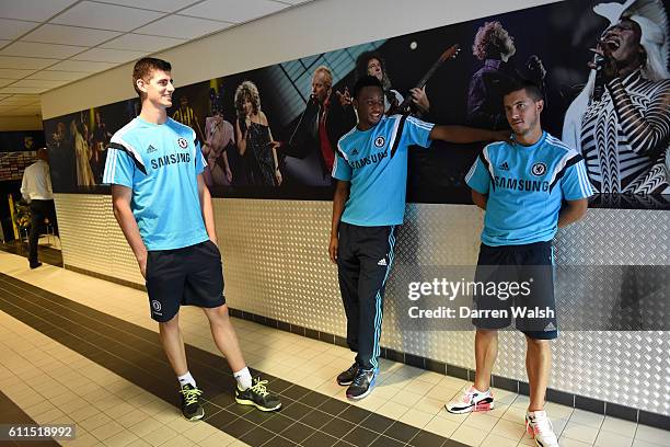 Chelsea's Thibaut Courtois, Jon Obi Mikel and Eden Hazard in the tunnel before the pre season friendly match between Vitesse Arnhem and Chelsea FC at...