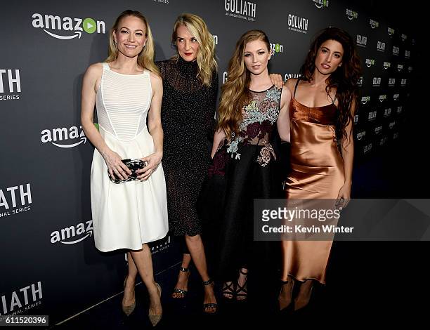 Actresses Sarah Wynter, Ever Carradine, Diana Hopper, Tania Raymonde, Olivia Thrilby pose at the premiere screening of Amazon's "Goliath" at The...