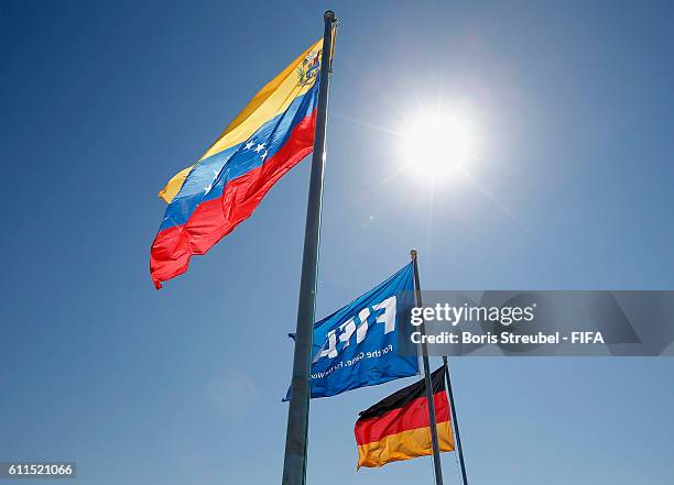 Flaggs are waving prior to the FIFA U-17 Women's World Cup Group B match between Venezuela and Germany at Al Hassan International Stadium on...