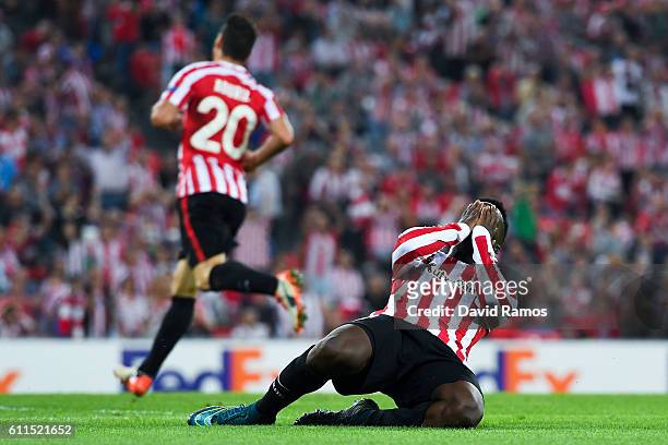 Inaki Williams of Athletic Club reacts after missing a chance to score during the UEFA Europa League Group F match between Athletic Club and SK Rapid...