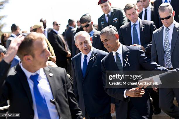 President Barack Obama and Israeli Prime Minister Benjamin Netanyahu during the funeral for the former President of Israel, Shimon Peres on September...