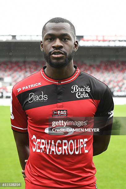 Guingamp's French midfielder Yannis Salibur poses for the official photograph at Roudourou stadium in Giungamp, western France, on Septembre 27,...