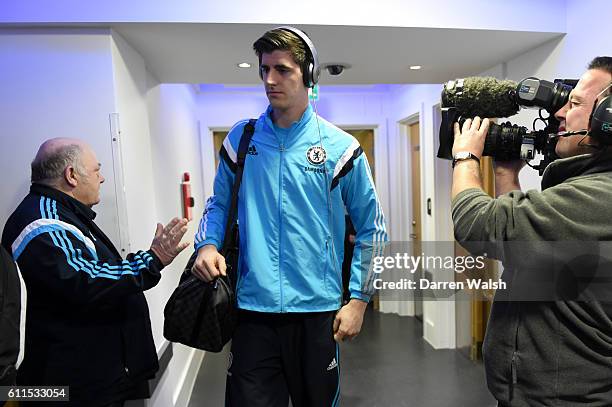 Chelsea's Thibaut Courtois arrives at Stamford Bridge ahead of the game