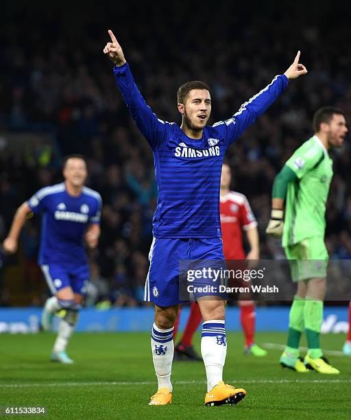 Chelsea's Eden Hazard celebrates scoring his side's second goal of the game during a Barclays Premier League match between Chelsea and West Bromwich...