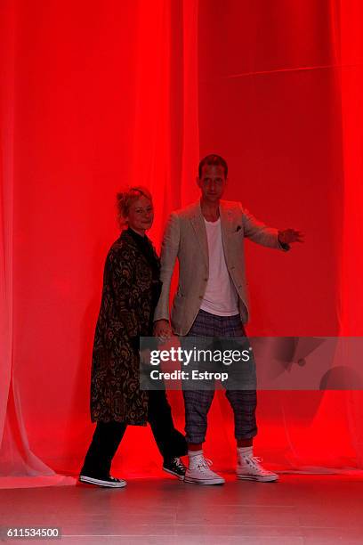 Designer Nana Aganovich walks the runway during the Aganovich show as part of the Paris Fashion Week Womenswear Spring/Summer 2017 on September 28,...