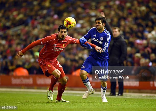 Liverpool's Emre Can and Chelsea's Diego Costa battle for the ball