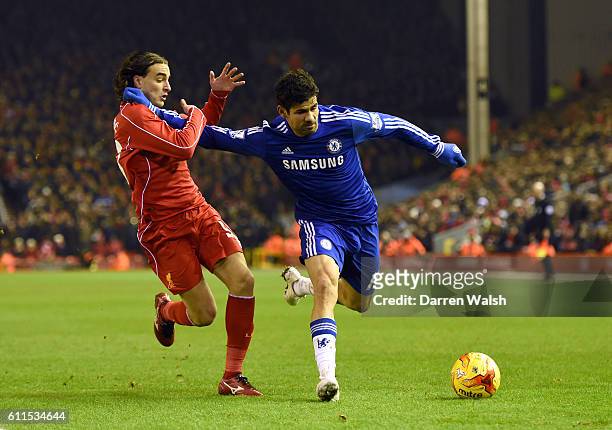 Liverpool's Lazar Markovic and Chelsea's Diego Costa battle for the ball