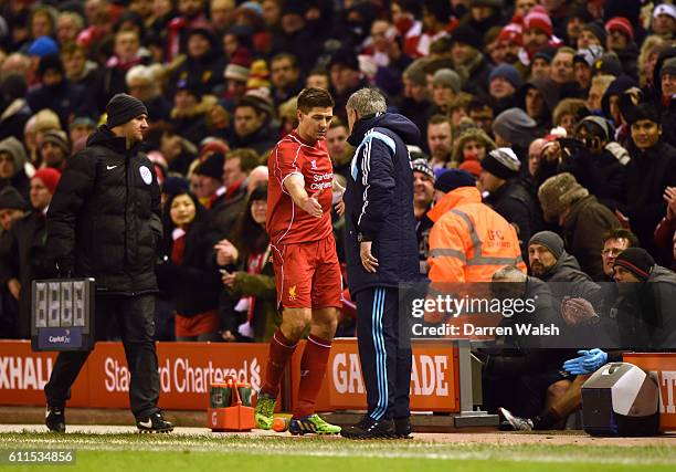 Liverpool's Steven Gerrard shakes hands with Chelsea manager Jose Mourinho after he is substituted