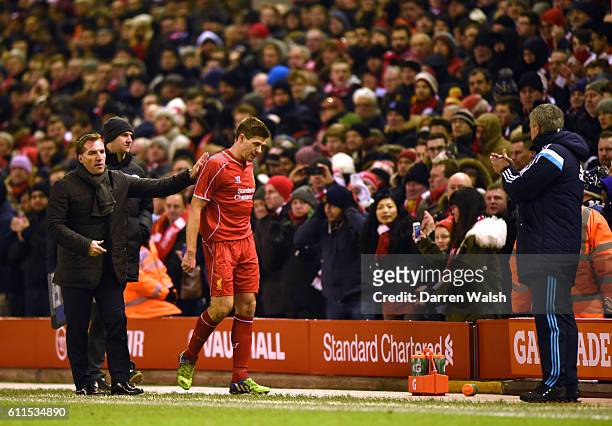Liverpool manager Brendan Rodgers with Steven Gerrard after he is substituted