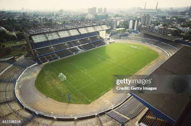 An aerial view of Stamford Bridge, home of Chelsea Football Club, circa 1988 in London, England,