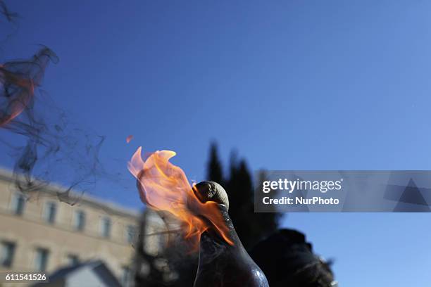 Close up of a molotov bomb. Demonstrations in Athens, Greece, Oct 19, 2011. On the first day of a 48hr general strike over 100.000 people...