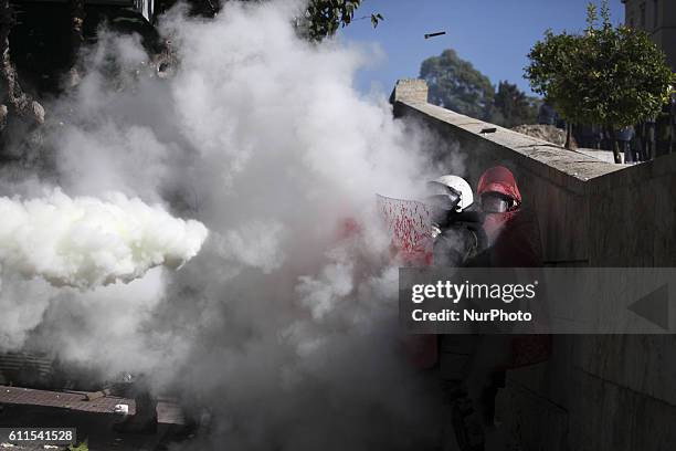 Policemen attacked by protesters with fire extinguishers. Demonstrations in Athens, Greece, Oct 19, 2011. On the first day of a 48hr general strike...