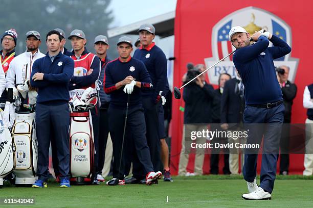 Andy Sullivan of Europe hits off the first tee during morning foursome matches of the 2016 Ryder Cup at Hazeltine National Golf Club on September 30,...