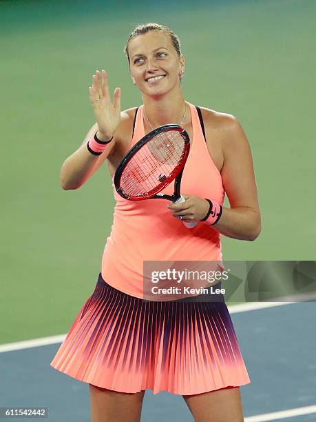 Petra Kvitova of Czech Republic celebrates after winning the semi-final match against Simona Halep of Romania on day 6 at Optics Valley International...