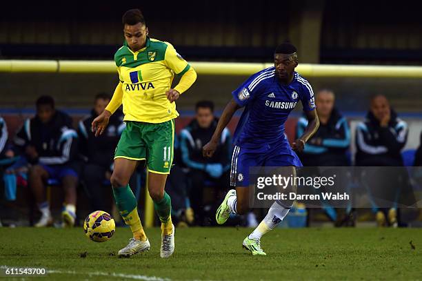 Chelsea's Fikayo Tomori and Norwich City's Josh Murphy during a Premier League International Cup match between Chelsea Under 21 and Norwich City...