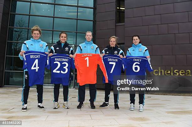 Chelsea Ladies Hedvig Lindahl, Marija Banusic, Millie Bright, Gemma Davison, Niamh Fahey at the Cobham Training Ground on 13th February 2015 in...