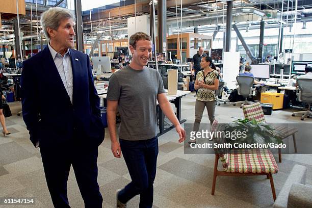 Secretary of State John Kerry receiving a tour of Facebook headquarters from founder Mark Zuckerberg, Menlo Park, California, June 23, 2016. Image...