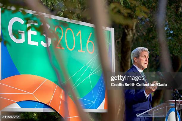 Secretary of State John Kerry delivering welcoming remarks at the Global Entrepreneurship Summit, Palo Alto, California, June 22, 2016. Image...