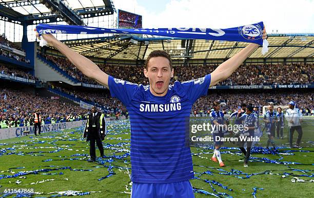 Chelsea's Nemanja Matic celebrates winning the title on the pitch after the match