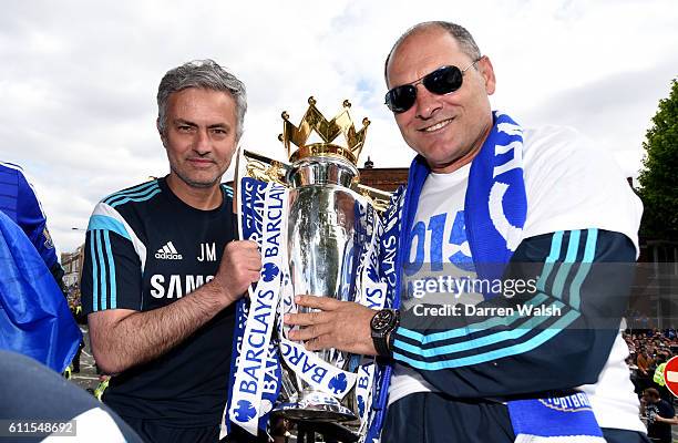 Chelsea manager Jose Mourinho and assistant coach Silvino Louro with the Premier League Trophy during the victory parade.