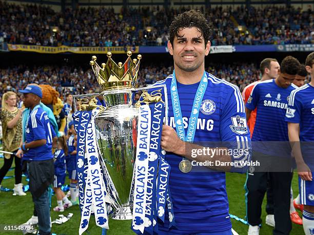 Chelsea's Diego Costa celebrates with the trophy during a Barclays Premier League match between Chelsea and Sunderland at Stamford Bridge on 24th May...