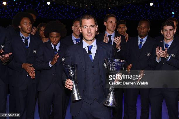 Chelsea's Eden Hazard is joined on stage by his team-mates as he celebrates with the Player's Player of the Year and Player of the Year awards
