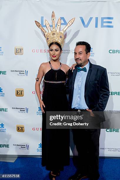 Model Gladys Castillo and Costume Designer Ricardo Soltero arrive for the Metropolitan Fashion Week 2016 - La Vie En Bleu, a Signature Event...