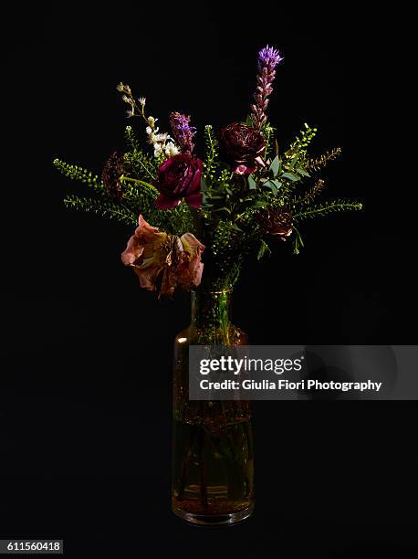 still life of flowers - glass vase black background foto e immagini stock